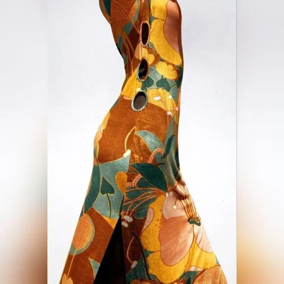 Zara Colorful Retro Floral Maxi Dress, Multicolored Knit Side Cutout Small Size - Picture 4 of 12